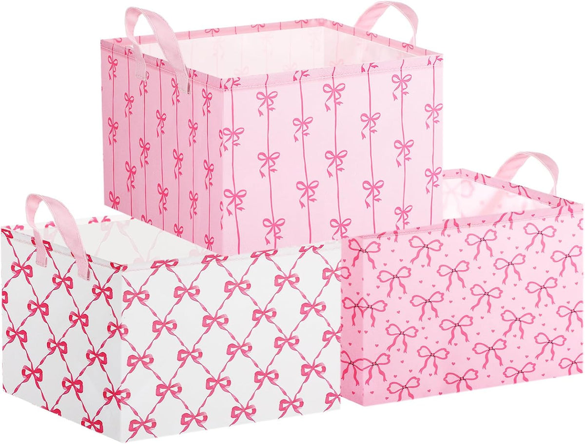 3 Pcs Pink Bow Storage Basket Empty Bow Basket with Handle for Gift