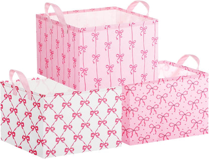 3 Pcs Pink Bow Storage Basket Empty Bow Basket with Handle for Gift