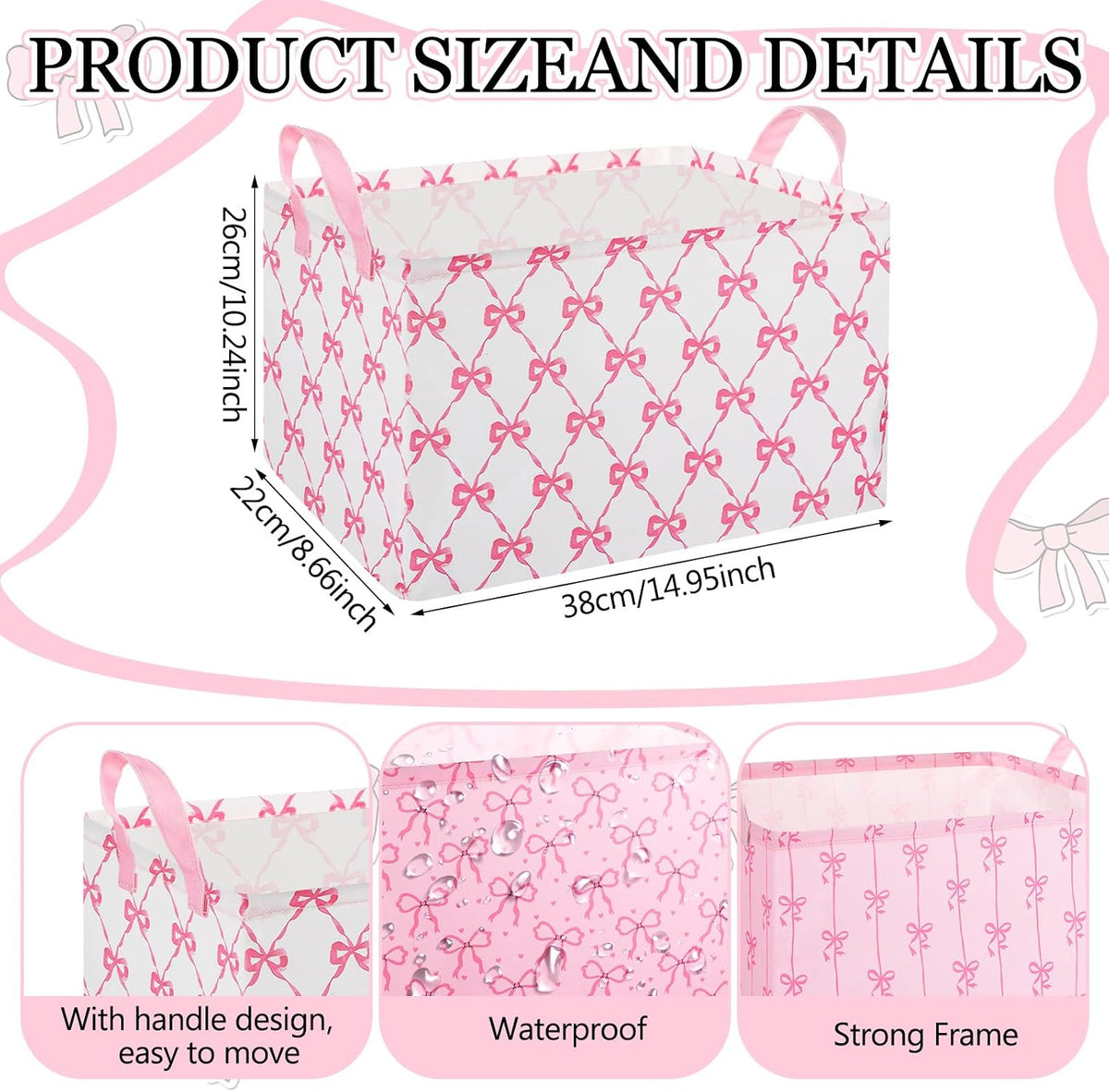3 Pcs Pink Bow Storage Basket Empty Bow Basket with Handle for Gift