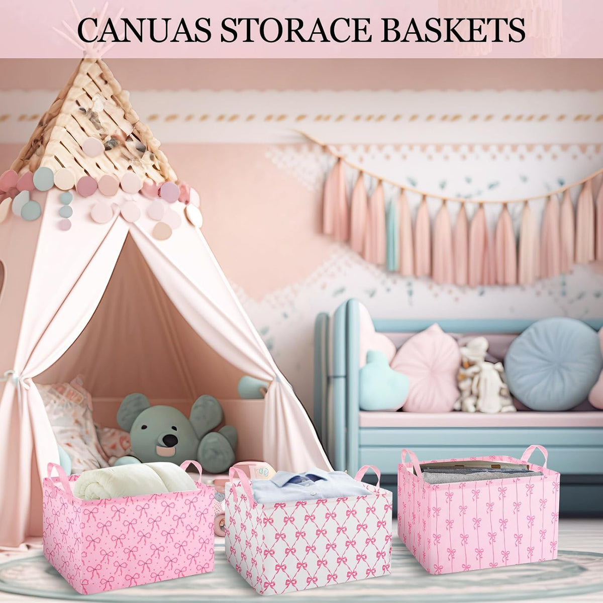 3 Pcs Pink Bow Storage Basket Empty Bow Basket with Handle for Gift