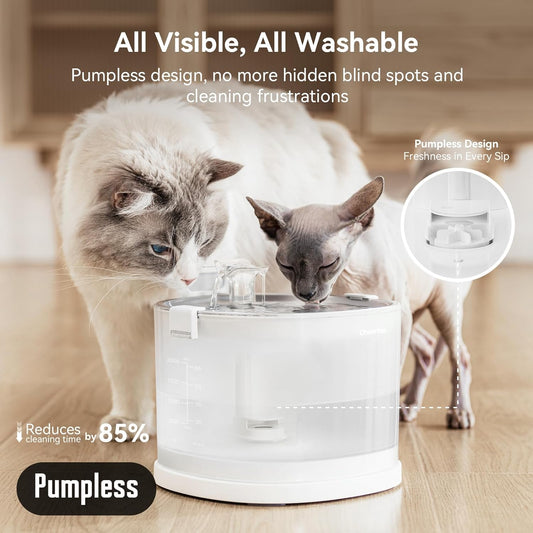 Cheerble Pumpless Pet Fountain Elfin E1+ with 9 Extra Filters, Wireless Pet Fountain Battery Operated, 2L/67oz E1+ Automatic Water Dispenser Cats & Dogs MagDrive™ Technology No Cleaning Hassle
