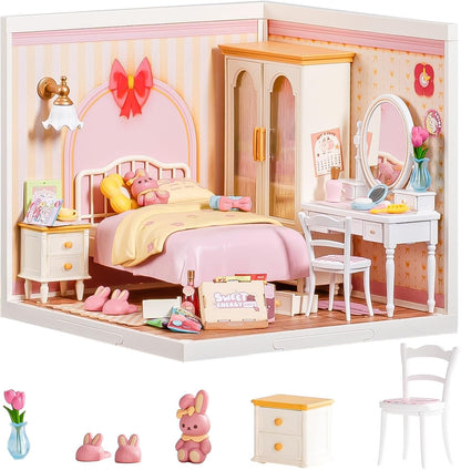 Super Creator Kits Pink Bedroom, Tiny House Building Blocks for Little Dolls, DIY Plastic Mini House Model Building Kits for Teens Aged 14+, DIY Crafts/Hobbies for Adults (Lovely Pink Bedroom)