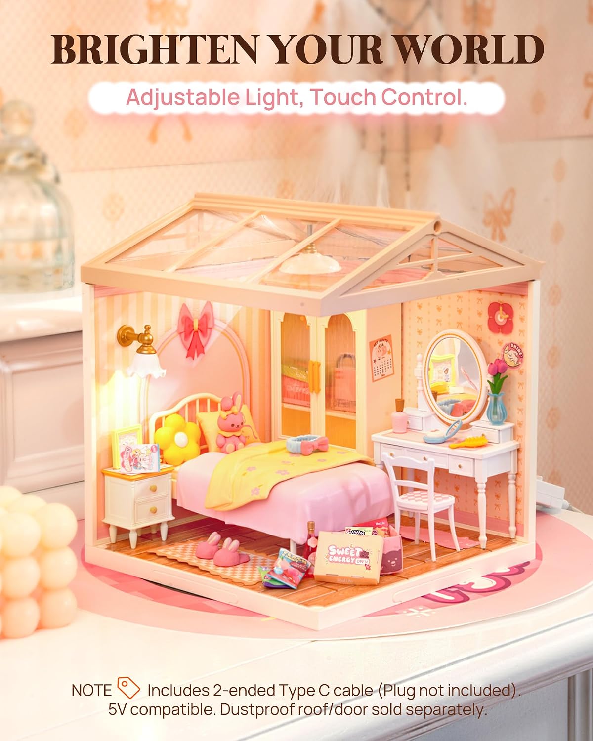 Super Creator Kits Pink Bedroom, Tiny House Building Blocks for Little Dolls, DIY Plastic Mini House Model Building Kits for Teens Aged 14+, DIY Crafts/Hobbies for Adults (Lovely Pink Bedroom)