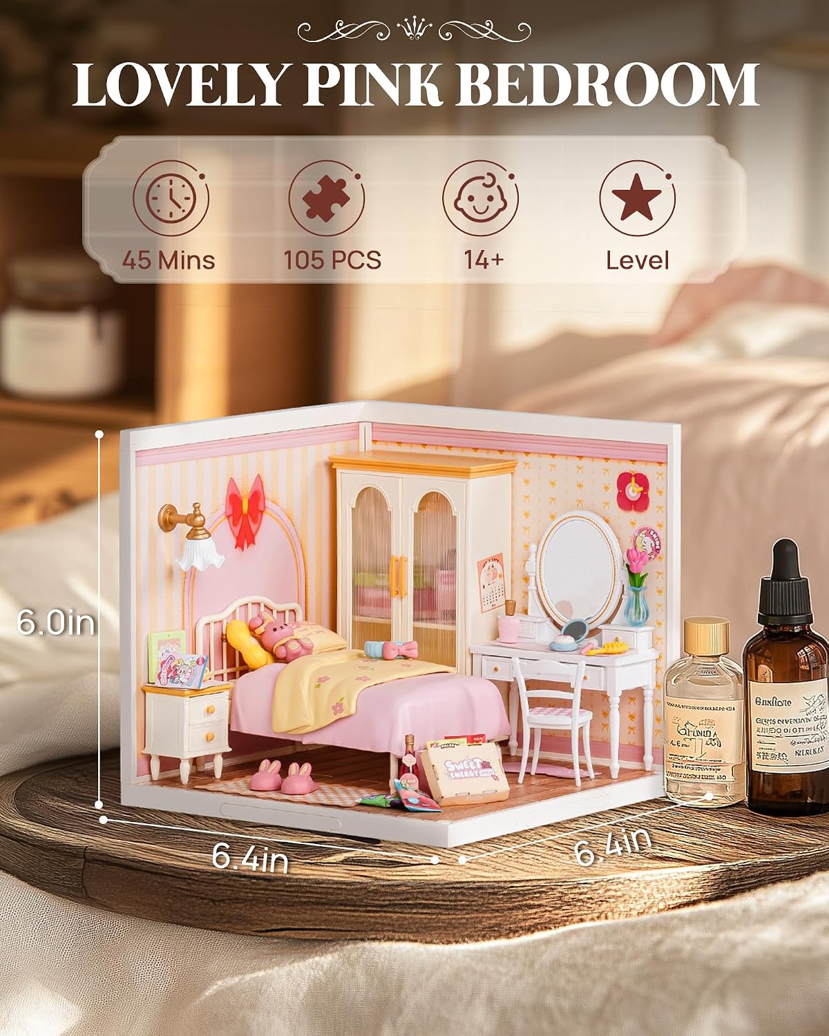 Super Creator Kits Pink Bedroom, Tiny House Building Blocks for Little Dolls, DIY Plastic Mini House Model Building Kits for Teens Aged 14+, DIY Crafts/Hobbies for Adults (Lovely Pink Bedroom)