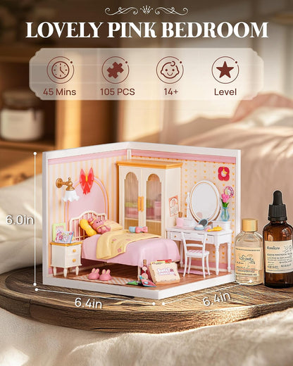 Super Creator Kits Pink Bedroom, Tiny House Building Blocks for Little Dolls, DIY Plastic Mini House Model Building Kits for Teens Aged 14+, DIY Crafts/Hobbies for Adults (Lovely Pink Bedroom)
