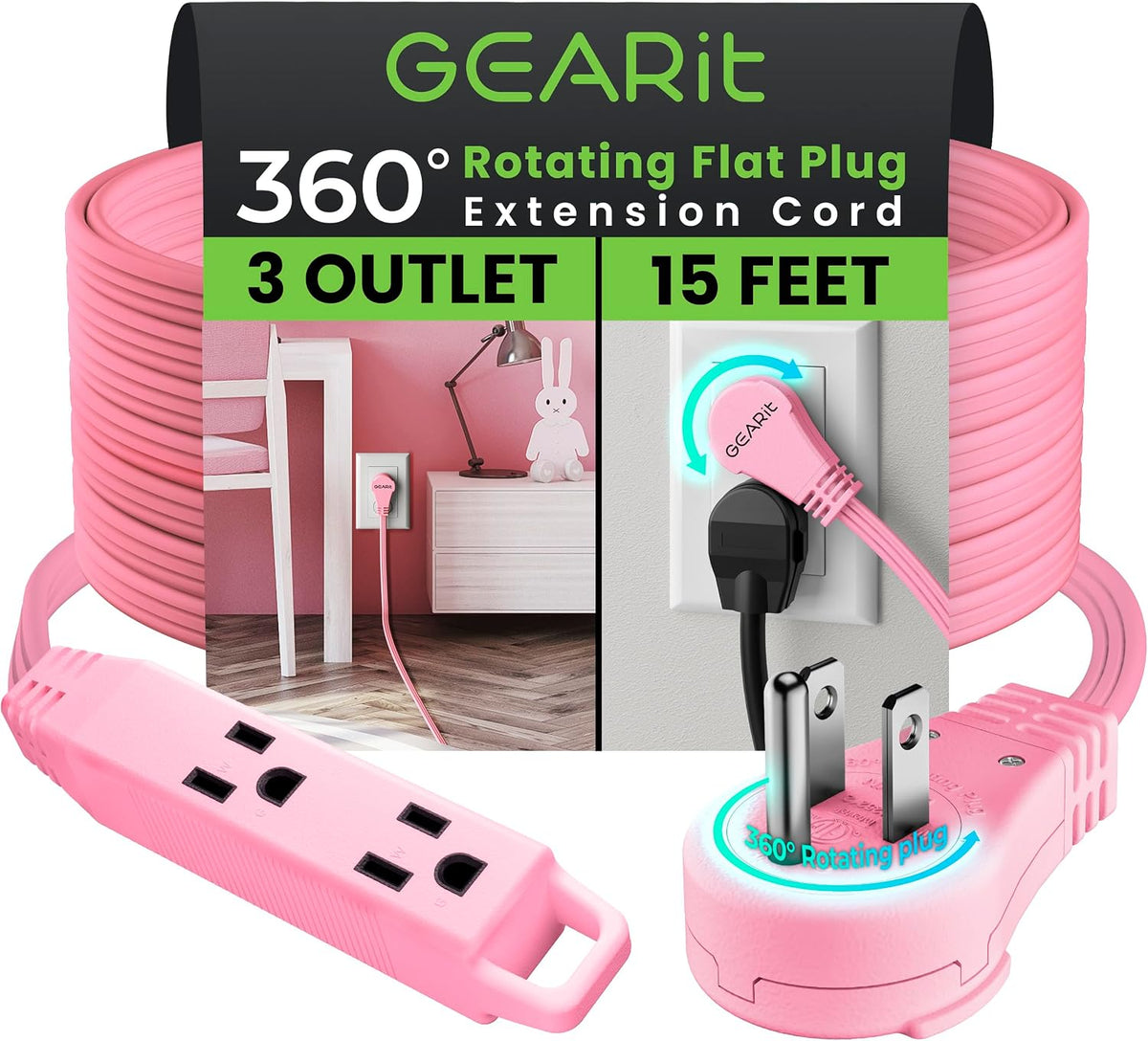 15 ft 360° Rotating Flat Plug Extension Cord, 3 Outlet Low Profile Power Cord, 16 AWG 13A 3 Prong Grounded Indoor Cord, ETL Listed, Space-Saving for Furniture, Pink