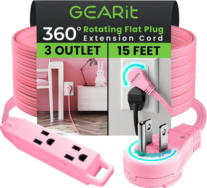 15 ft 360° Rotating Flat Plug Extension Cord, 3 Outlet Low Profile Power Cord, 16 AWG 13A 3 Prong Grounded Indoor Cord, ETL Listed, Space-Saving for Furniture, Pink
