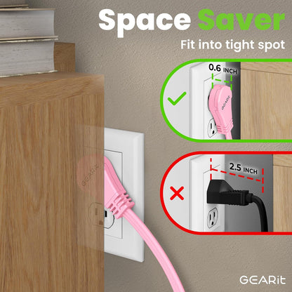 15 ft 360° Rotating Flat Plug Extension Cord, 3 Outlet Low Profile Power Cord, 16 AWG 13A 3 Prong Grounded Indoor Cord, ETL Listed, Space-Saving for Furniture, Pink