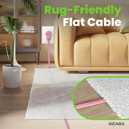 15 ft 360° Rotating Flat Plug Extension Cord, 3 Outlet Low Profile Power Cord, 16 AWG 13A 3 Prong Grounded Indoor Cord, ETL Listed, Space-Saving for Furniture, Pink