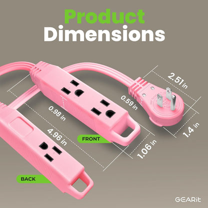 15 ft 360° Rotating Flat Plug Extension Cord, 3 Outlet Low Profile Power Cord, 16 AWG 13A 3 Prong Grounded Indoor Cord, ETL Listed, Space-Saving for Furniture, Pink