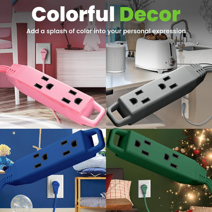 15 ft 360° Rotating Flat Plug Extension Cord, 3 Outlet Low Profile Power Cord, 16 AWG 13A 3 Prong Grounded Indoor Cord, ETL Listed, Space-Saving for Furniture, Pink