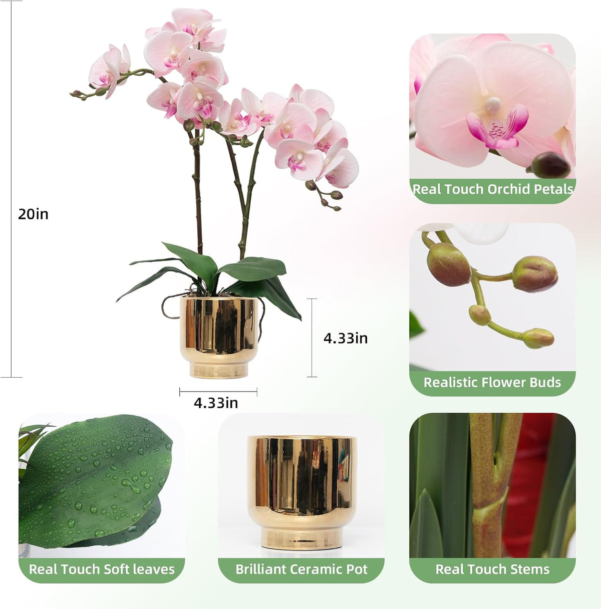 Orchids Artificial Flowers Real Touch Fake Flowers in Ceramic Pot 20" Pink Faux Orchid Plant Lifelike Silk Phalaenopsis for Centerpiece Hotel Home Indoor Decor