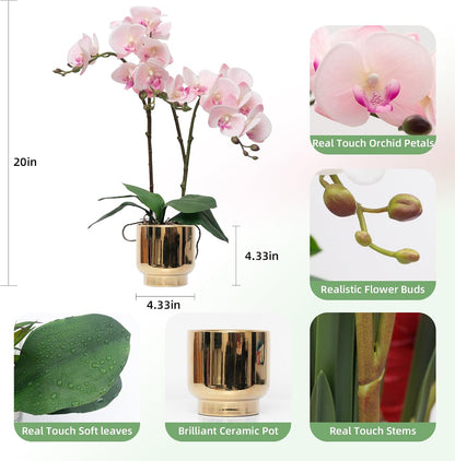 Orchids Artificial Flowers Real Touch Fake Flowers in Ceramic Pot 20" Pink Faux Orchid Plant Lifelike Silk Phalaenopsis for Centerpiece Hotel Home Indoor Decor