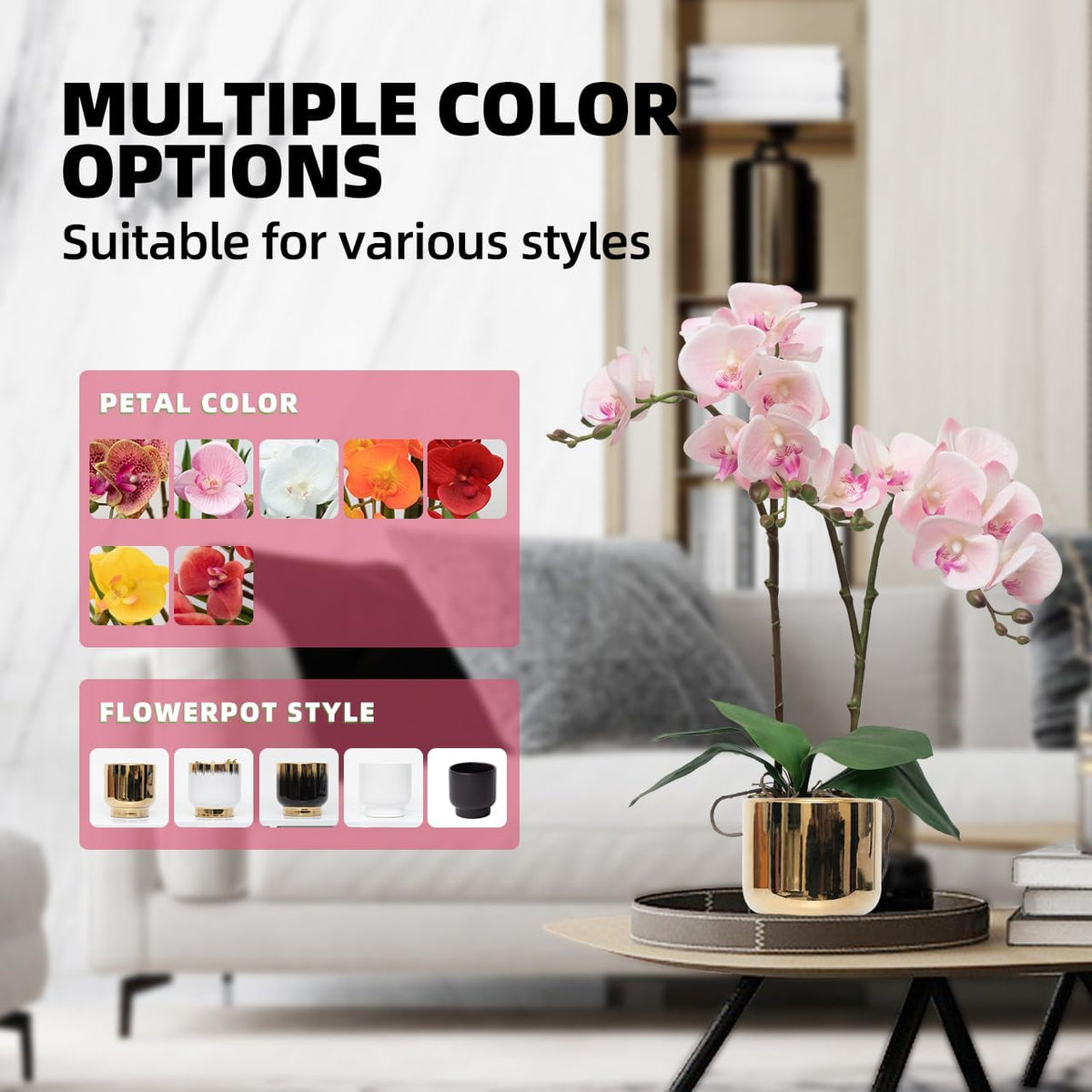 Orchids Artificial Flowers Real Touch Fake Flowers in Ceramic Pot 20" Pink Faux Orchid Plant Lifelike Silk Phalaenopsis for Centerpiece Hotel Home Indoor Decor