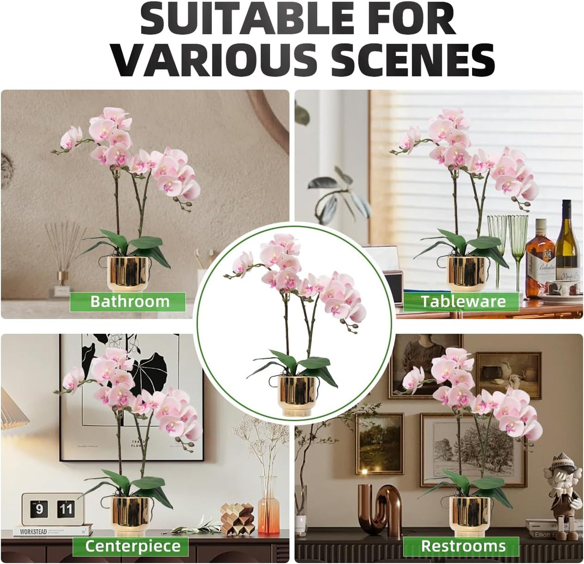 Orchids Artificial Flowers Real Touch Fake Flowers in Ceramic Pot 20" Pink Faux Orchid Plant Lifelike Silk Phalaenopsis for Centerpiece Hotel Home Indoor Decor