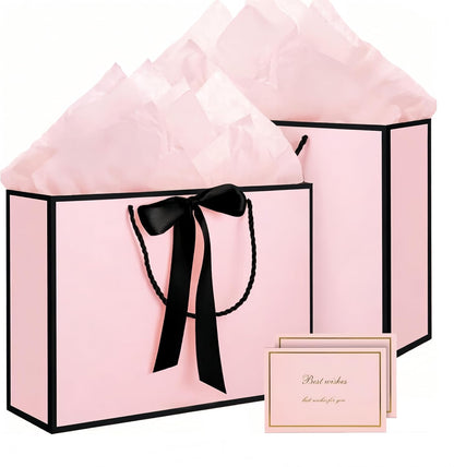 2PCS Gift Bags11x7.9x3.9 Inch, Paper Gift Bag with 4 Wrappers and 2 Cards,Present Bag with Handles,Pink Paper Bags for Women Valentines Bridesmaid Birthday Wedding Party (Pink-Black)