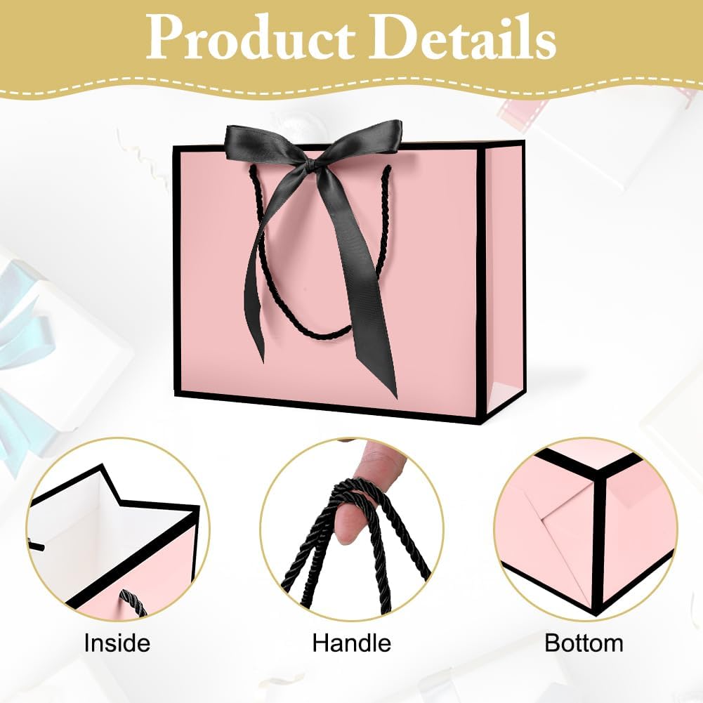 2PCS Gift Bags11x7.9x3.9 Inch, Paper Gift Bag with 4 Wrappers and 2 Cards,Present Bag with Handles,Pink Paper Bags for Women Valentines Bridesmaid Birthday Wedding Party (Pink-Black)