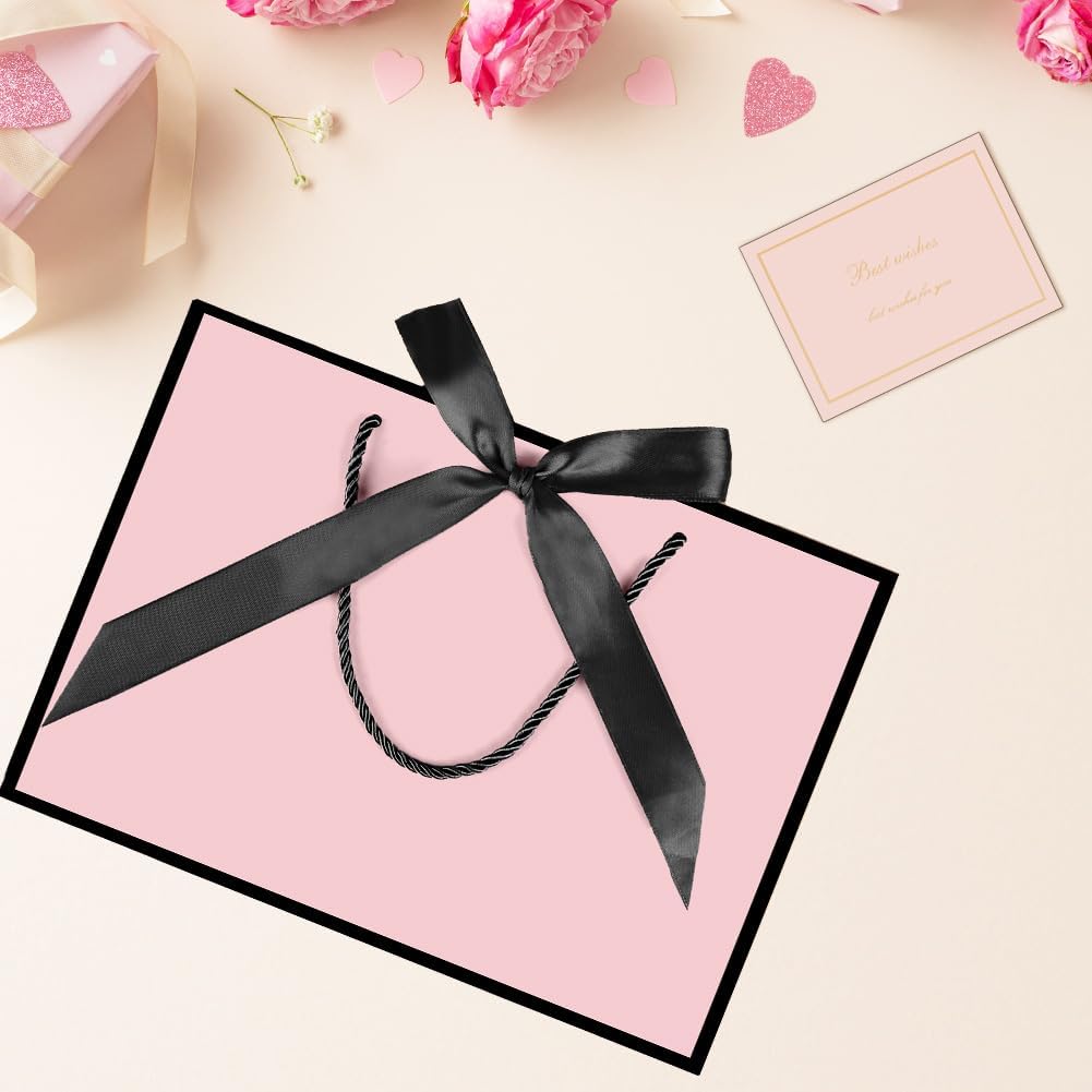 2PCS Gift Bags11x7.9x3.9 Inch, Paper Gift Bag with 4 Wrappers and 2 Cards,Present Bag with Handles,Pink Paper Bags for Women Valentines Bridesmaid Birthday Wedding Party (Pink-Black)