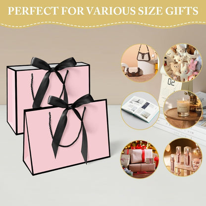 2PCS Gift Bags11x7.9x3.9 Inch, Paper Gift Bag with 4 Wrappers and 2 Cards,Present Bag with Handles,Pink Paper Bags for Women Valentines Bridesmaid Birthday Wedding Party (Pink-Black)