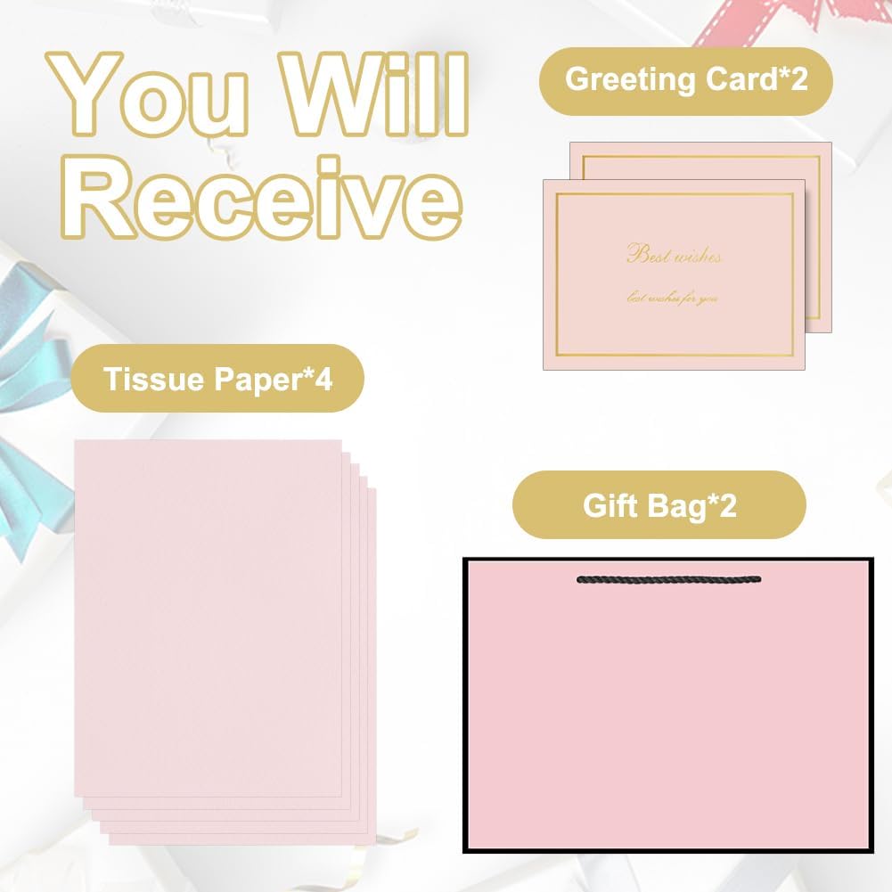 2PCS Gift Bags11x7.9x3.9 Inch, Paper Gift Bag with 4 Wrappers and 2 Cards,Present Bag with Handles,Pink Paper Bags for Women Valentines Bridesmaid Birthday Wedding Party (Pink-Black)