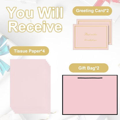 2PCS Gift Bags11x7.9x3.9 Inch, Paper Gift Bag with 4 Wrappers and 2 Cards,Present Bag with Handles,Pink Paper Bags for Women Valentines Bridesmaid Birthday Wedding Party (Pink-Black)