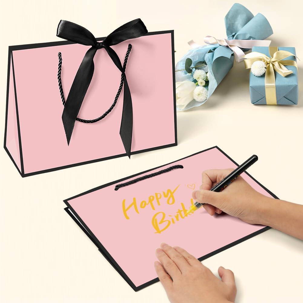 2PCS Gift Bags11x7.9x3.9 Inch, Paper Gift Bag with 4 Wrappers and 2 Cards,Present Bag with Handles,Pink Paper Bags for Women Valentines Bridesmaid Birthday Wedding Party (Pink-Black)