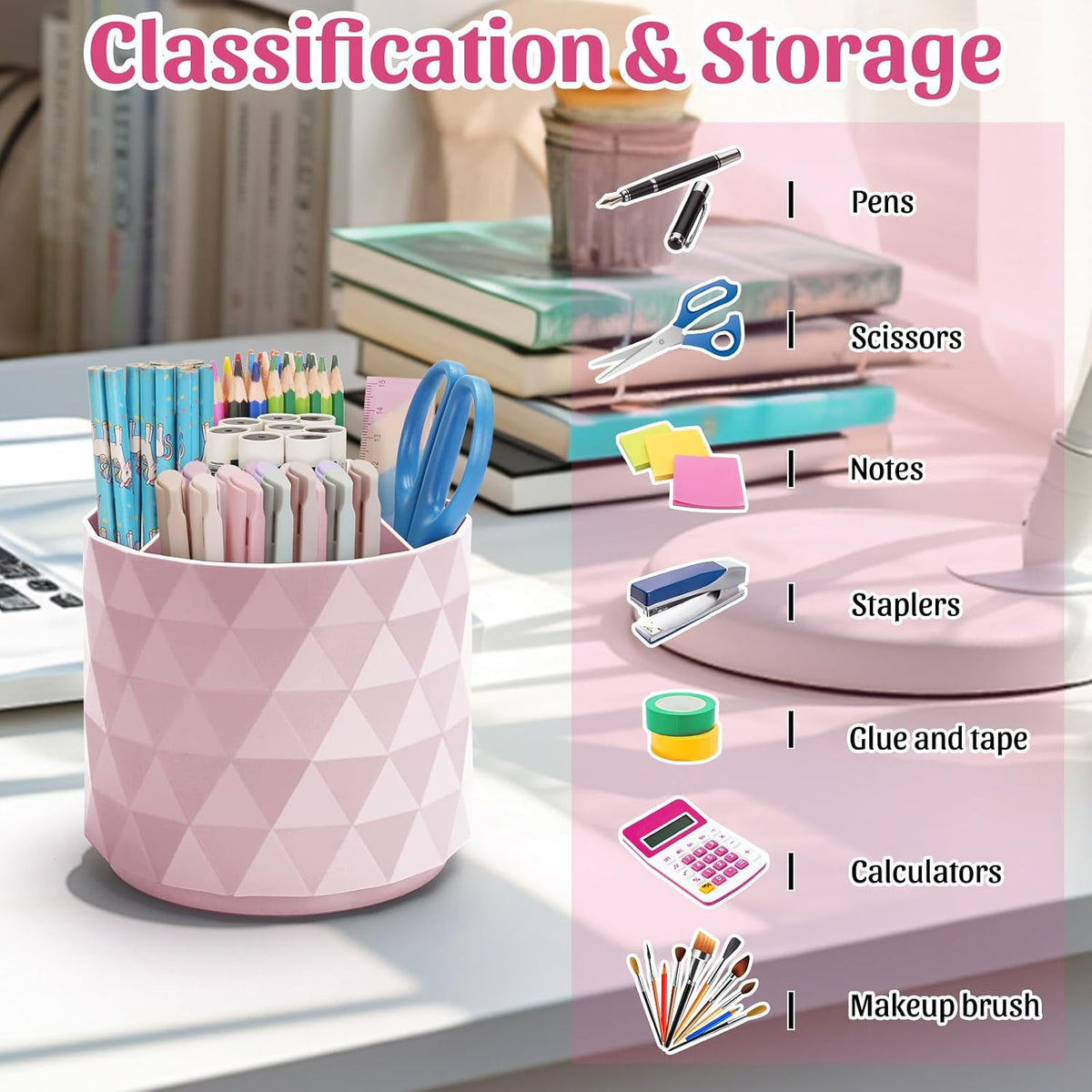 Desk Organizer,Sparkling Diamond-like Pen Holder for Desk 360°Rotating Office Accessories,Pencil Cup with 5 Compartments Storage Box Caddy for Office,School,Home,Art Supply(Pink)