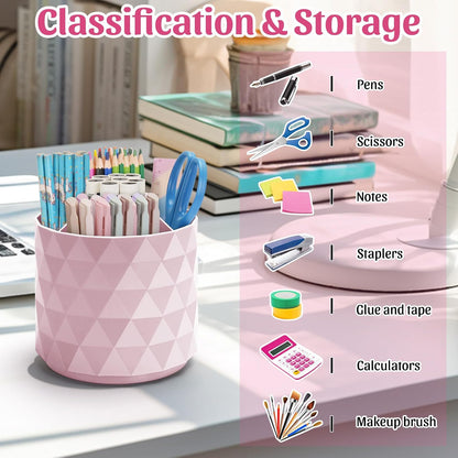 Desk Organizer,Sparkling Diamond-like Pen Holder for Desk 360°Rotating Office Accessories,Pencil Cup with 5 Compartments Storage Box Caddy for Office,School,Home,Art Supply(Pink)