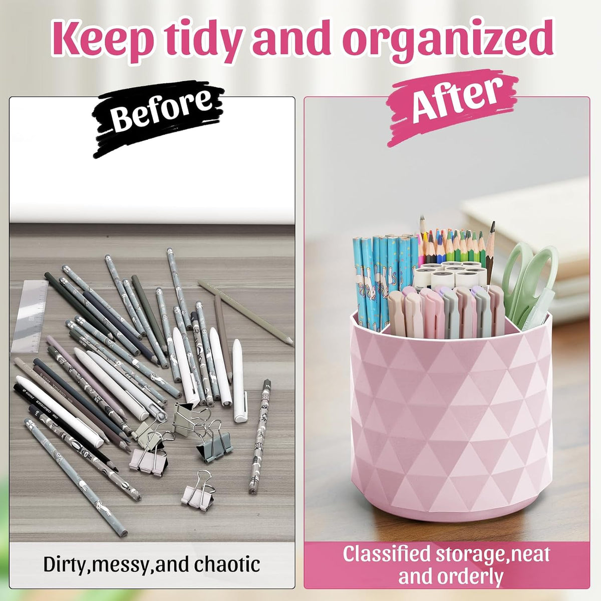 Desk Organizer,Sparkling Diamond-like Pen Holder for Desk 360°Rotating Office Accessories,Pencil Cup with 5 Compartments Storage Box Caddy for Office,School,Home,Art Supply(Pink)