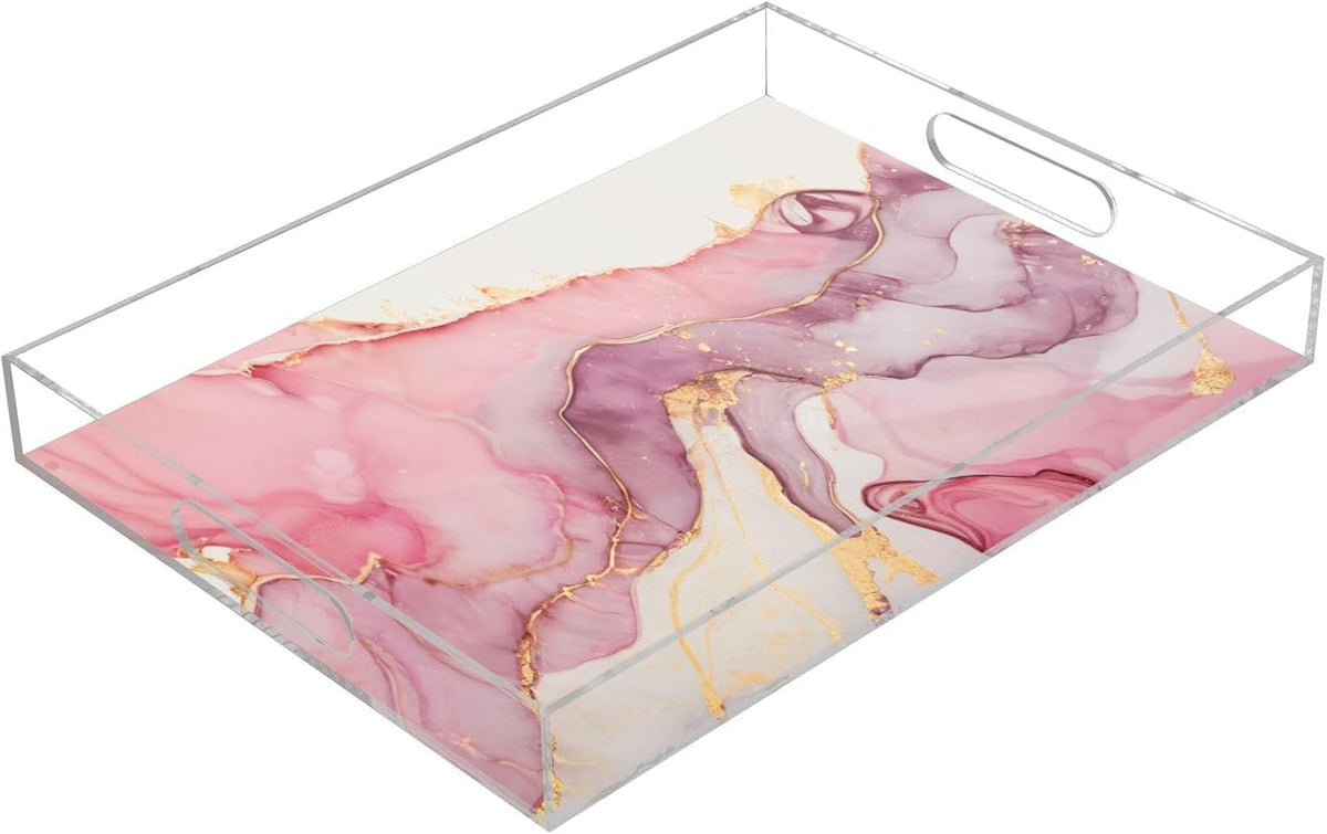 Marble Abstract Pink Gold Serving Tray Acrylic Decorative Trays 16" x 12" Serving Platter with Handles for Coffee Table, Dessert Party, Bathroom Vanity Countertop