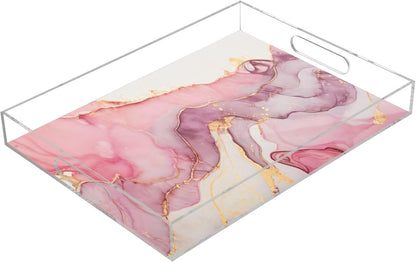 Marble Abstract Pink Gold Serving Tray Acrylic Decorative Trays 16" x 12" Serving Platter with Handles for Coffee Table, Dessert Party, Bathroom Vanity Countertop