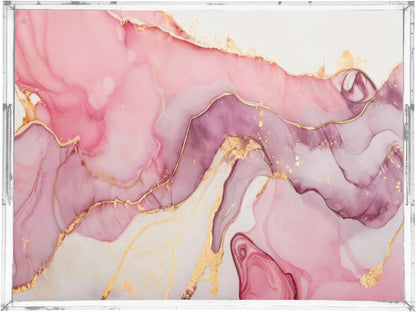 Marble Abstract Pink Gold Serving Tray Acrylic Decorative Trays 16" x 12" Serving Platter with Handles for Coffee Table, Dessert Party, Bathroom Vanity Countertop