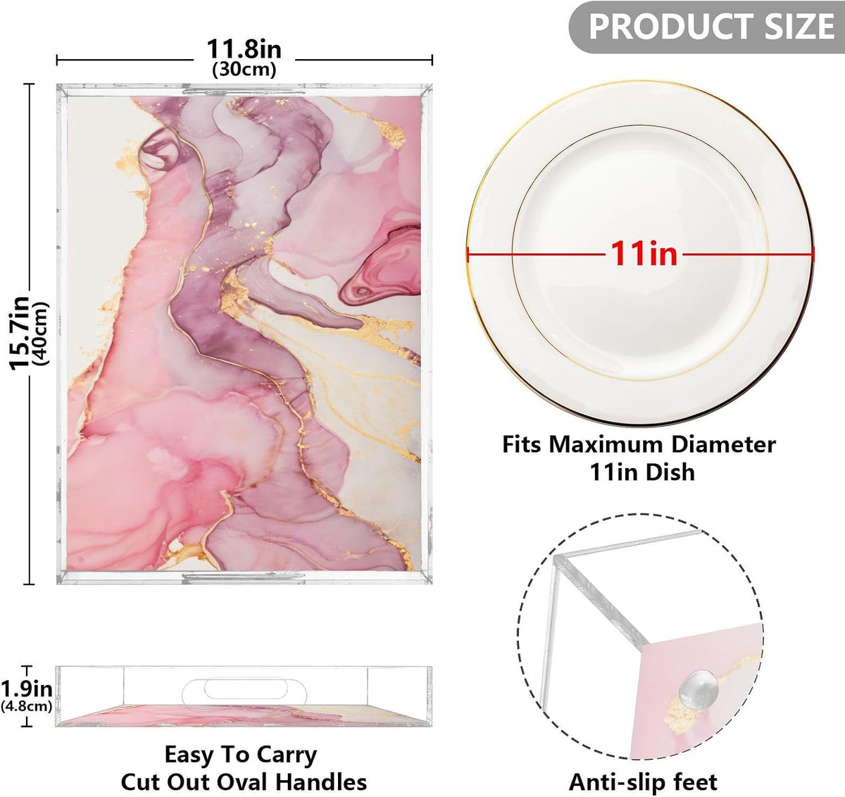 Marble Abstract Pink Gold Serving Tray Acrylic Decorative Trays 16" x 12" Serving Platter with Handles for Coffee Table, Dessert Party, Bathroom Vanity Countertop