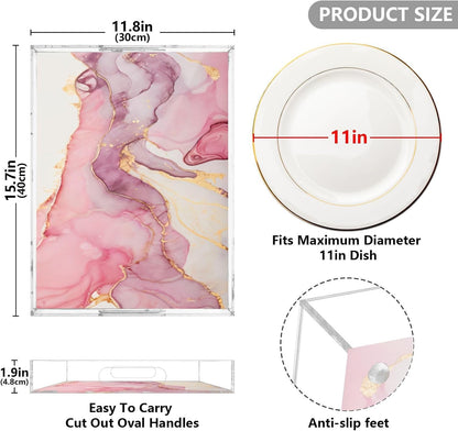 Marble Abstract Pink Gold Serving Tray Acrylic Decorative Trays 16" x 12" Serving Platter with Handles for Coffee Table, Dessert Party, Bathroom Vanity Countertop