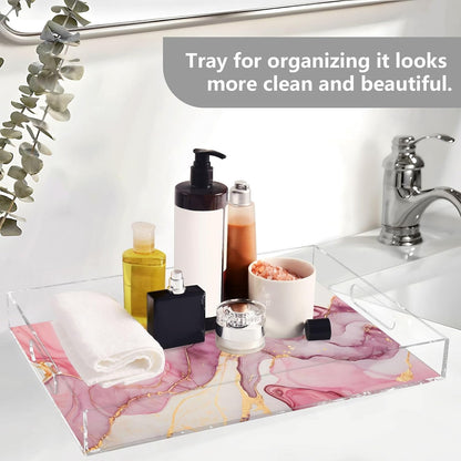 Marble Abstract Pink Gold Serving Tray Acrylic Decorative Trays 16" x 12" Serving Platter with Handles for Coffee Table, Dessert Party, Bathroom Vanity Countertop