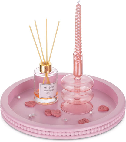 Pink Round Decorative Tray with Beaded Edge
