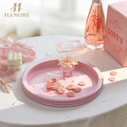 Pink Round Decorative Tray with Beaded Edge