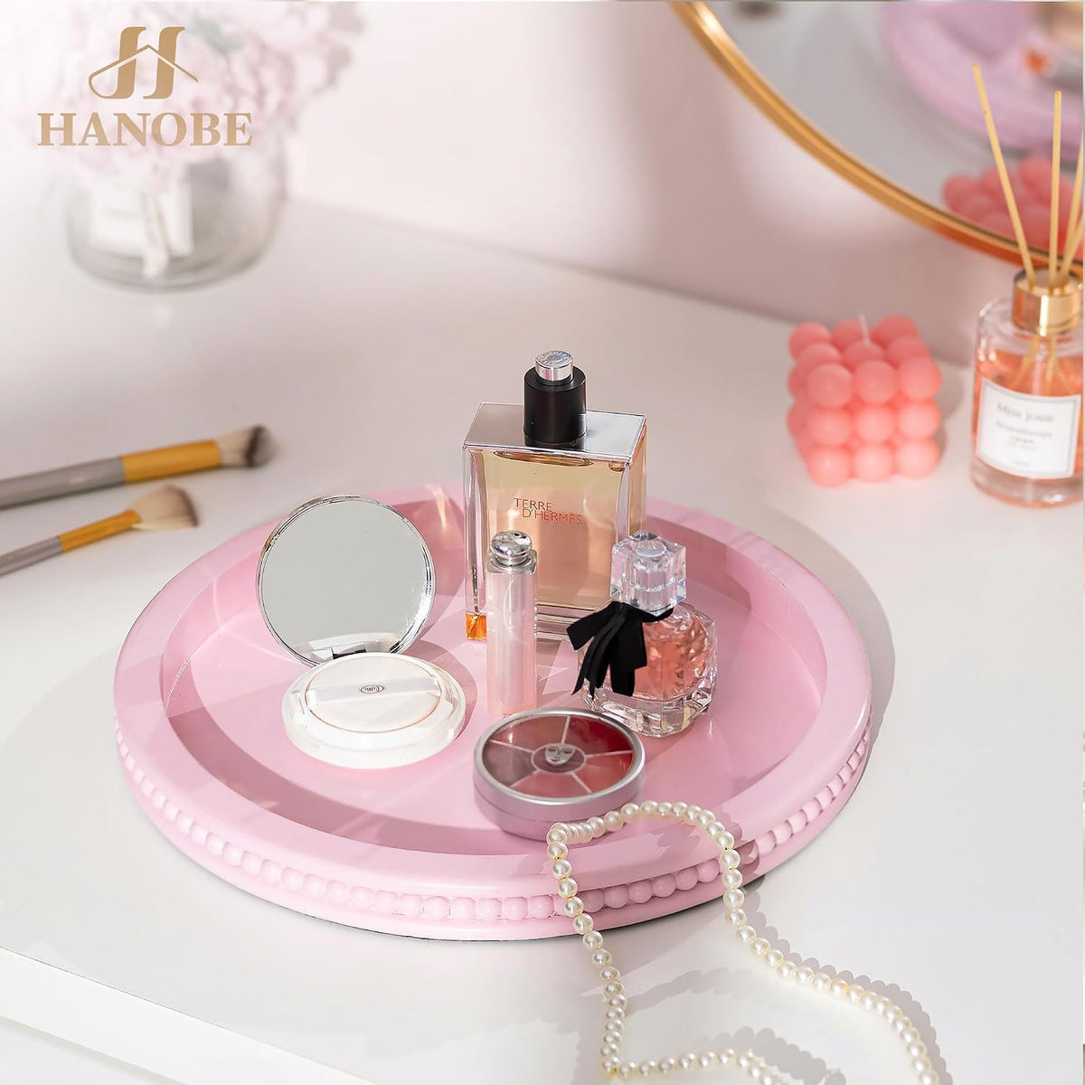 Pink Round Decorative Tray with Beaded Edge