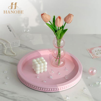 Pink Round Decorative Tray with Beaded Edge