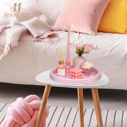 Pink Round Decorative Tray with Beaded Edge