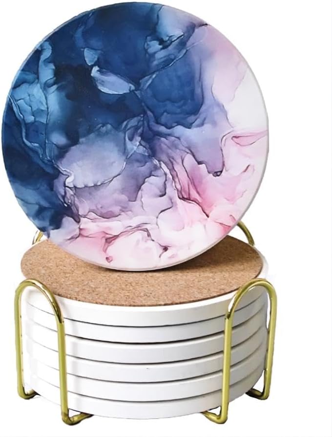 Ceramic Coasters Set of 6, Marble-Textured Design with Holder - Absorbent Cork-Backed Coasters for Cups, Bar & Coffee Table Decor Accessories (Blue-Pink Gradient, 6 Pack)