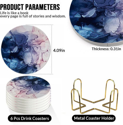 Ceramic Coasters Set of 6, Marble-Textured Design with Holder - Absorbent Cork-Backed Coasters for Cups, Bar & Coffee Table Decor Accessories (Blue-Pink Gradient, 6 Pack)