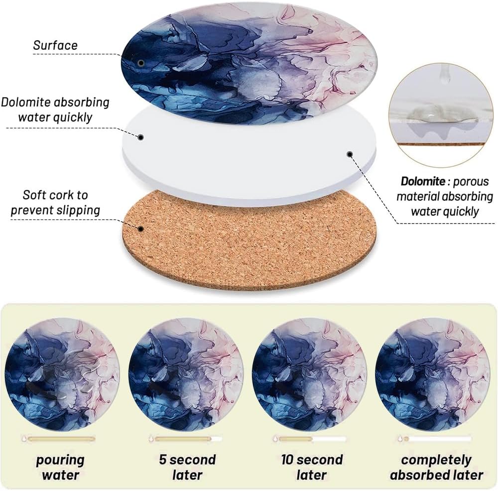 Ceramic Coasters Set of 6, Marble-Textured Design with Holder - Absorbent Cork-Backed Coasters for Cups, Bar & Coffee Table Decor Accessories (Blue-Pink Gradient, 6 Pack)