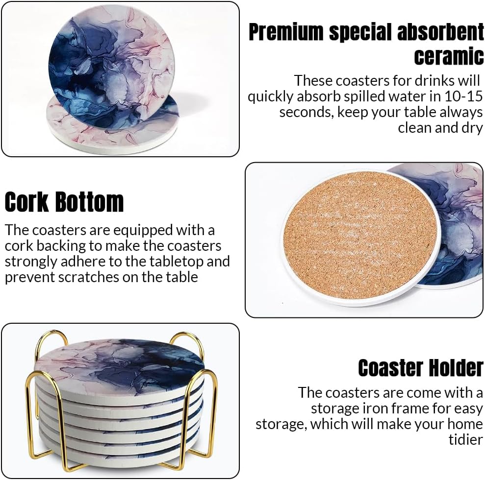 Ceramic Coasters Set of 6, Marble-Textured Design with Holder - Absorbent Cork-Backed Coasters for Cups, Bar & Coffee Table Decor Accessories (Blue-Pink Gradient, 6 Pack)