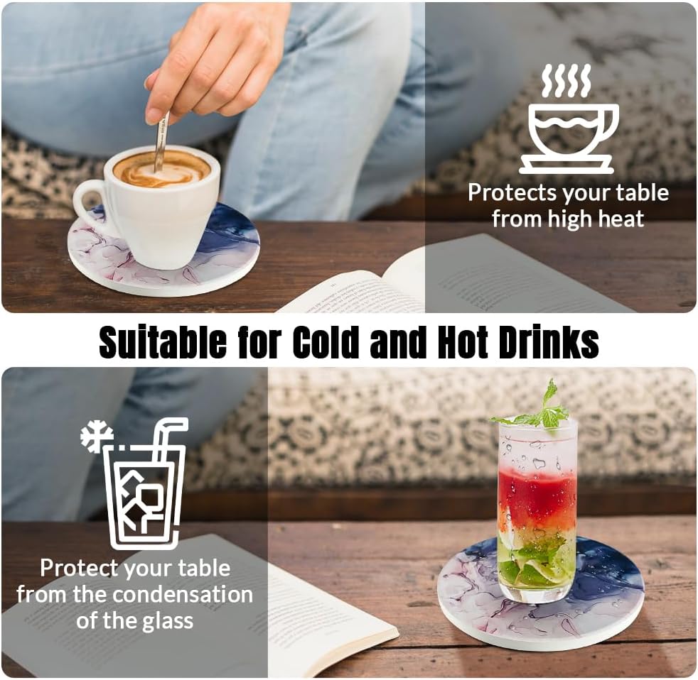 Ceramic Coasters Set of 6, Marble-Textured Design with Holder - Absorbent Cork-Backed Coasters for Cups, Bar & Coffee Table Decor Accessories (Blue-Pink Gradient, 6 Pack)