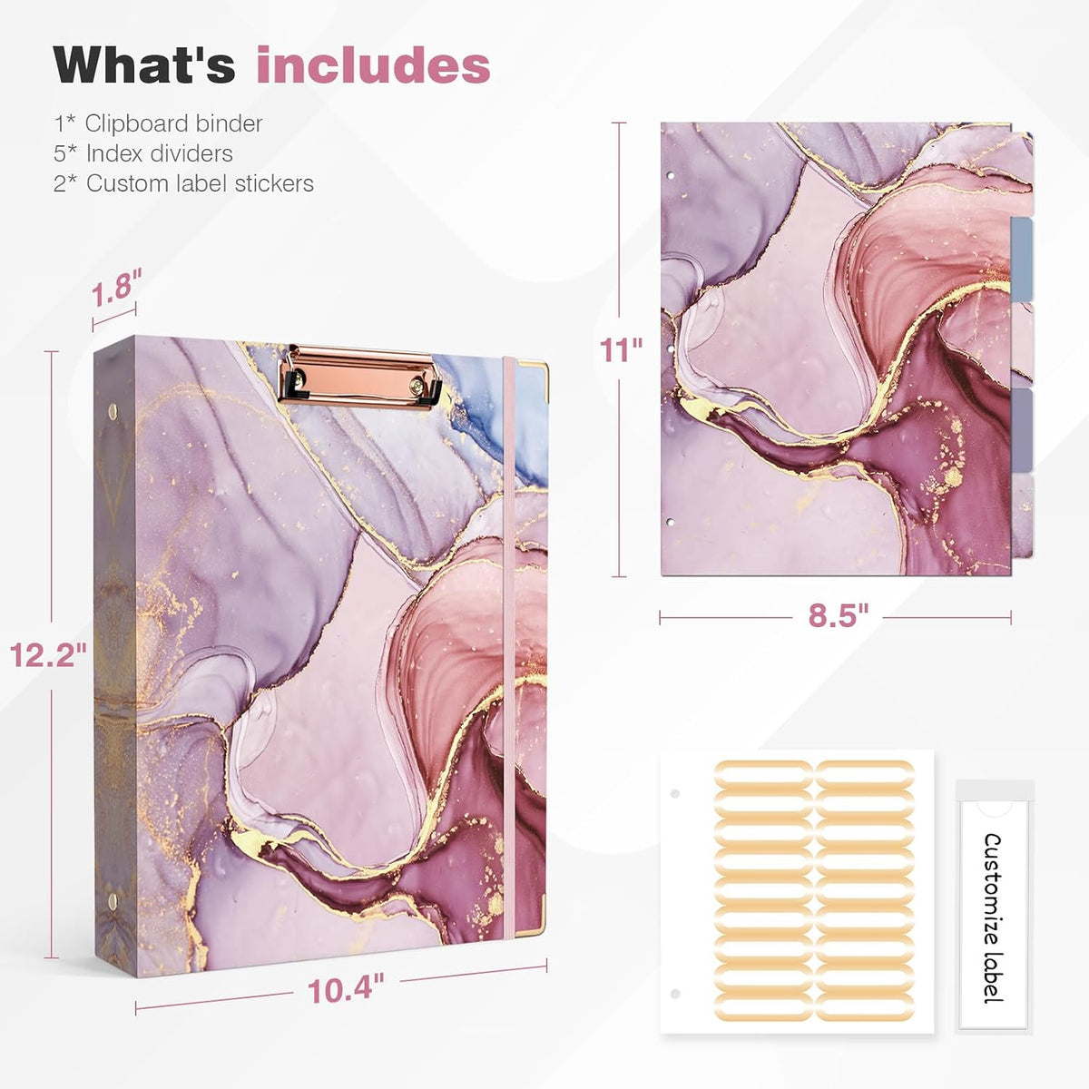 Ospelelf 3 Ring Binder 1 Inch, Pink Binders for Letter Size Documents(11" x 8.5") with 5 Tab Dividers, Clipboard Organizer, Back to School and Office Supplies