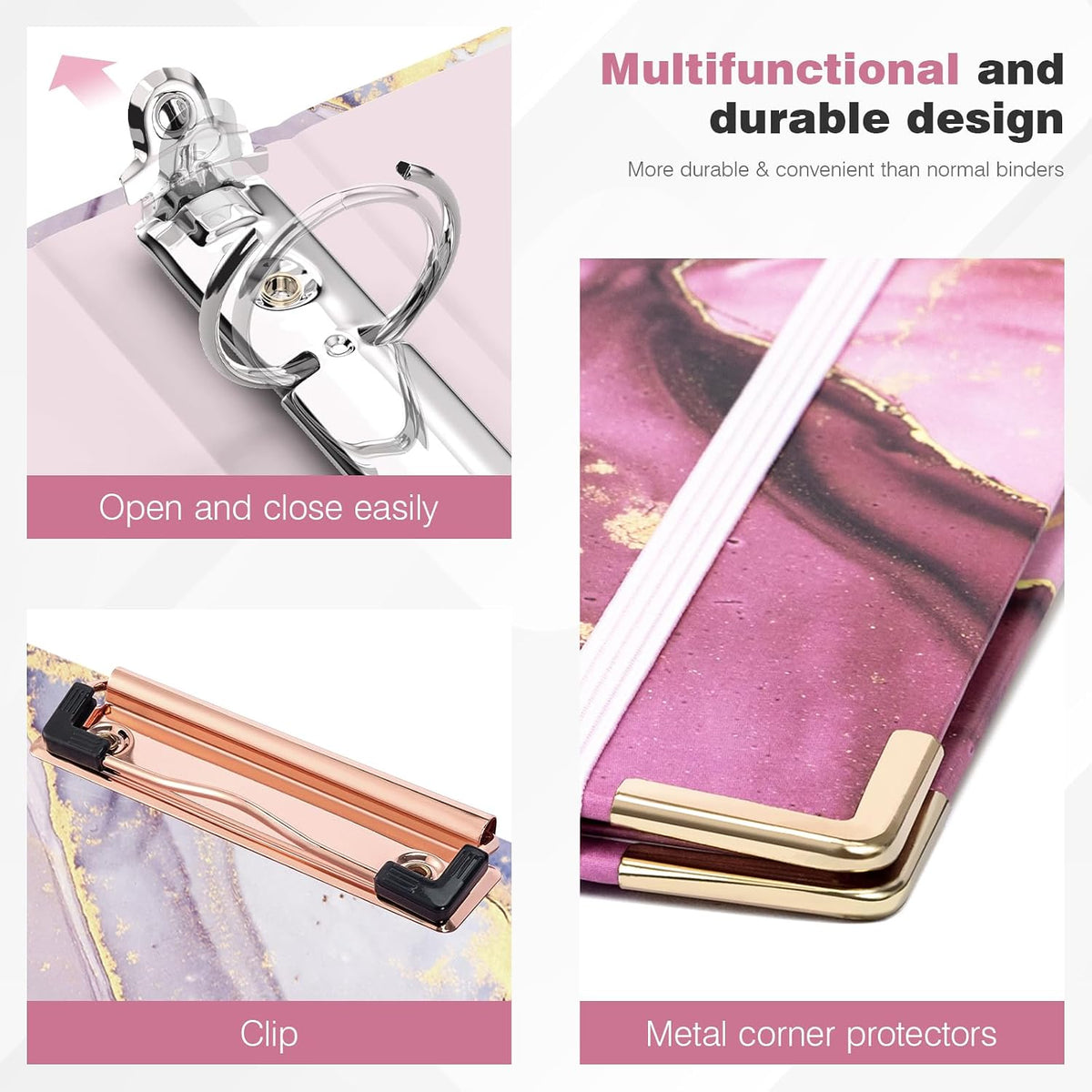 Ospelelf 3 Ring Binder 1 Inch, Pink Binders for Letter Size Documents(11" x 8.5") with 5 Tab Dividers, Clipboard Organizer, Back to School and Office Supplies