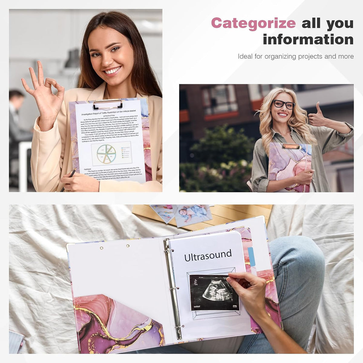 Ospelelf 3 Ring Binder 1 Inch, Pink Binders for Letter Size Documents(11" x 8.5") with 5 Tab Dividers, Clipboard Organizer, Back to School and Office Supplies