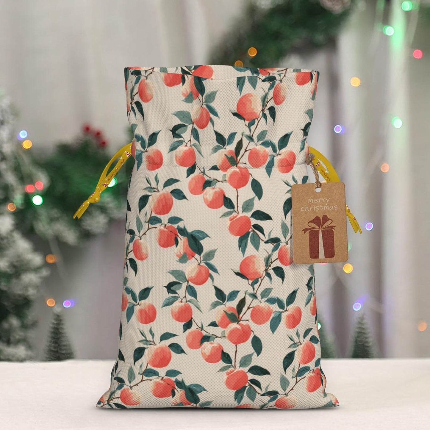 Qewfoju Fruits Peach 3 Pattern Holiday Gift Bags Christmas Burlap Gift Bags Drawstring for Wedding Party Favors Xmas Gifts Couple Shower Small