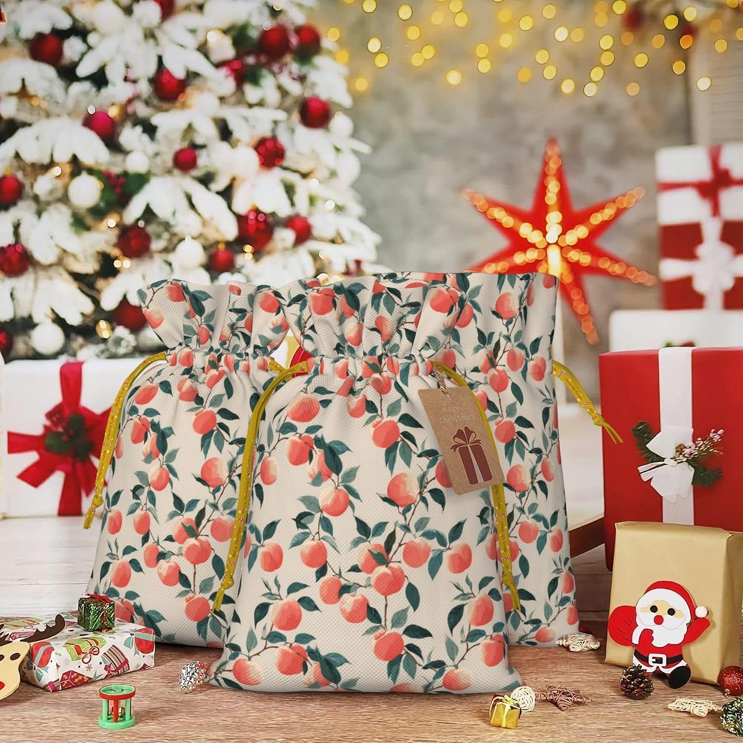 Qewfoju Fruits Peach 3 Pattern Holiday Gift Bags Christmas Burlap Gift Bags Drawstring for Wedding Party Favors Xmas Gifts Couple Shower Small